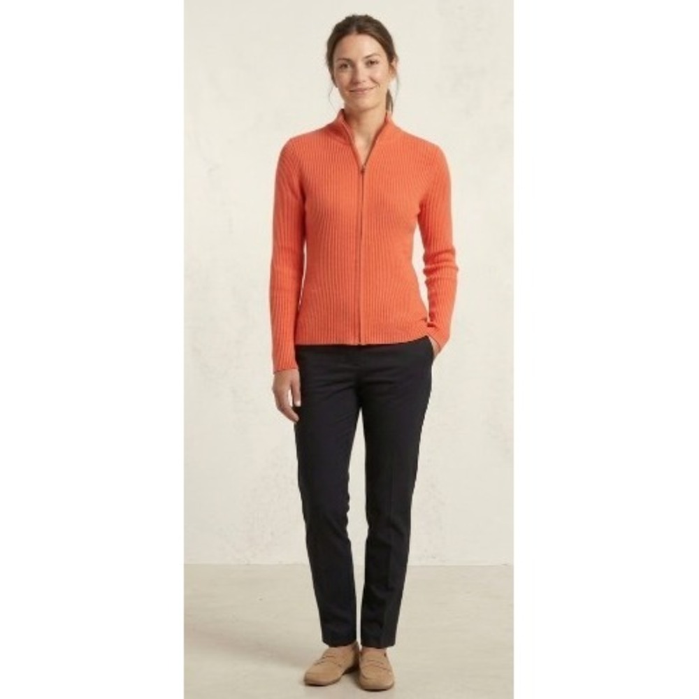 L.L.‎ Bean Zip Up Sweater Womens M Coral Orange Ribbed Knit Mock Neck Cotton
